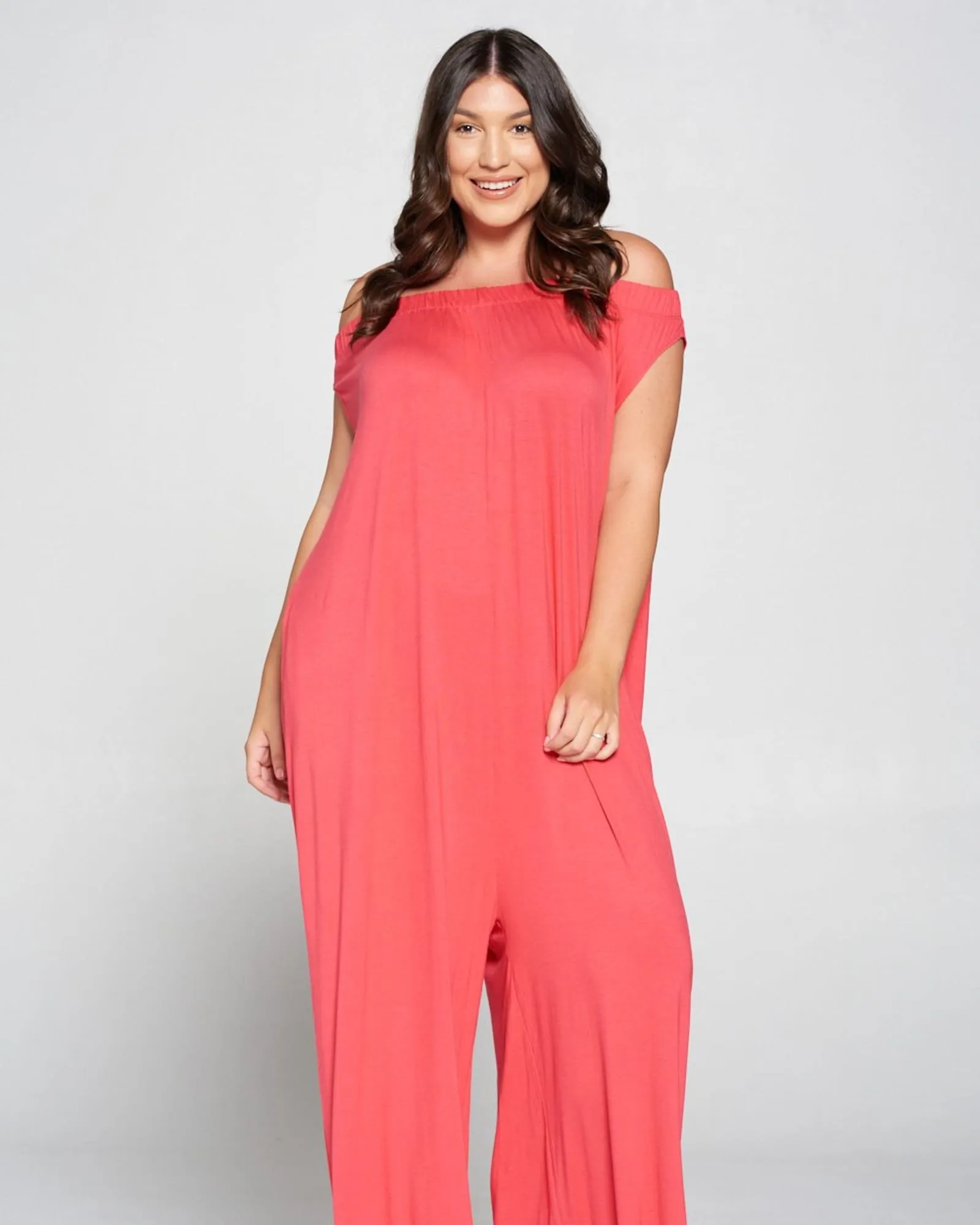 Off Shoulder Full Length Jumpsuit | Coral