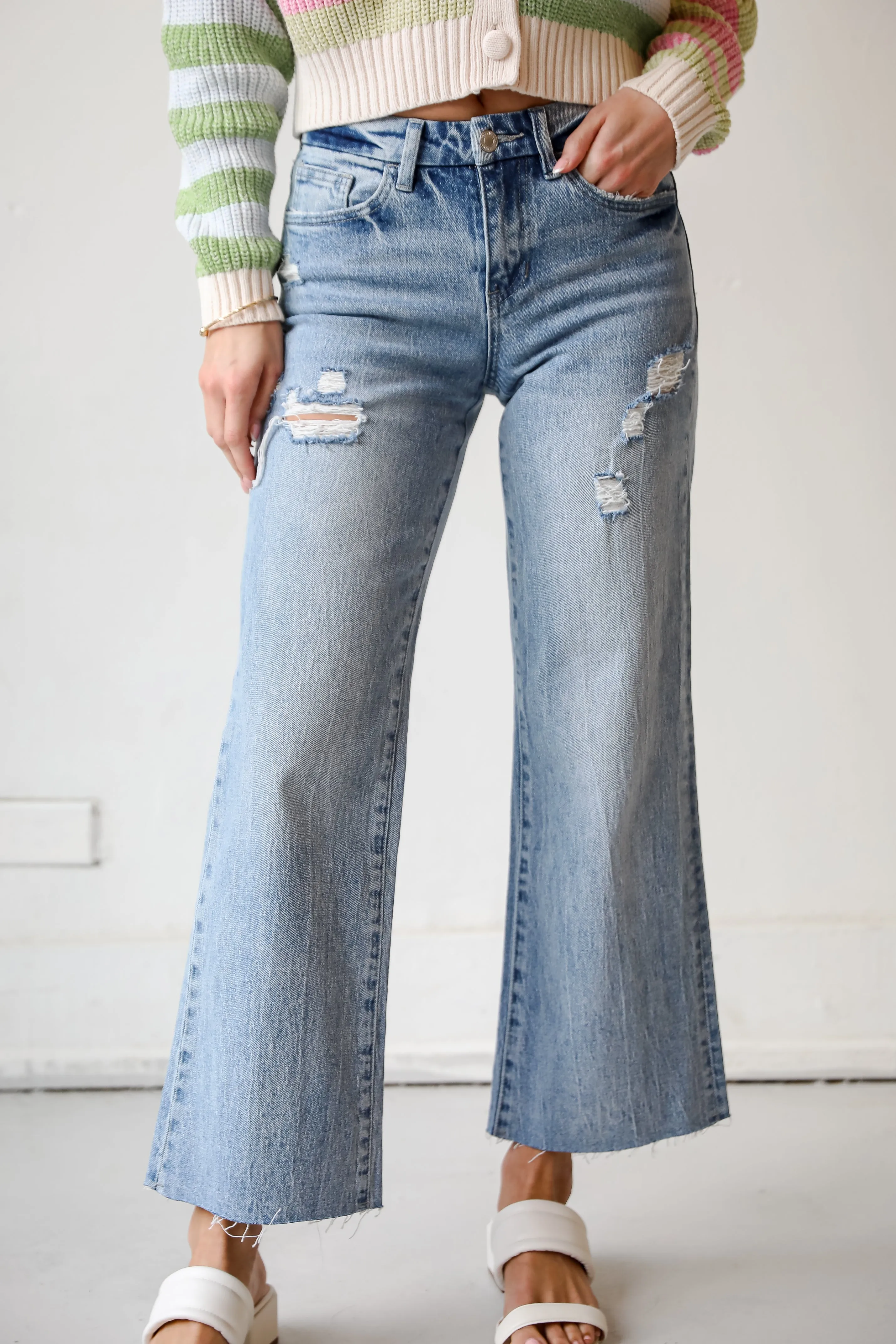 Olivia Medium Wash Distressed Wide Leg Jeans