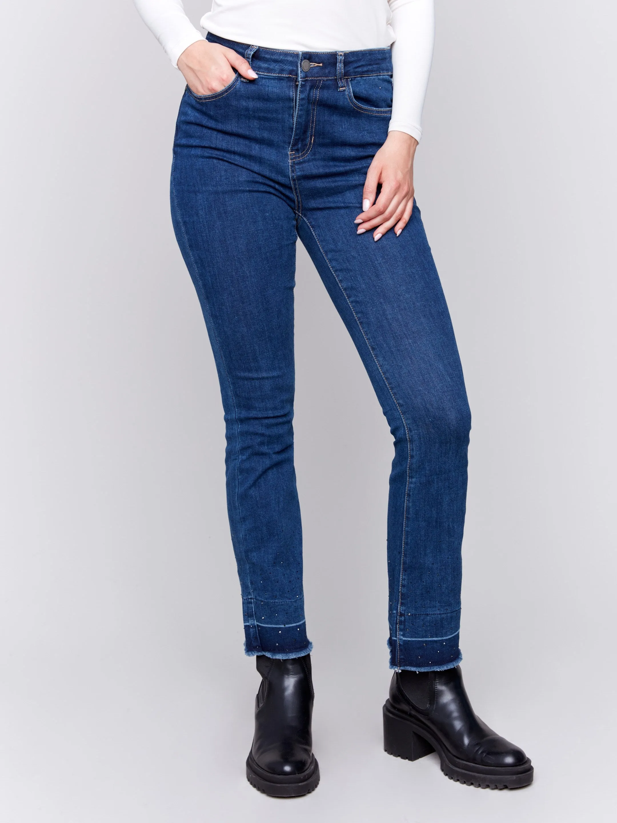 Ombre Hem Flare Jeans with Studs - Indigo