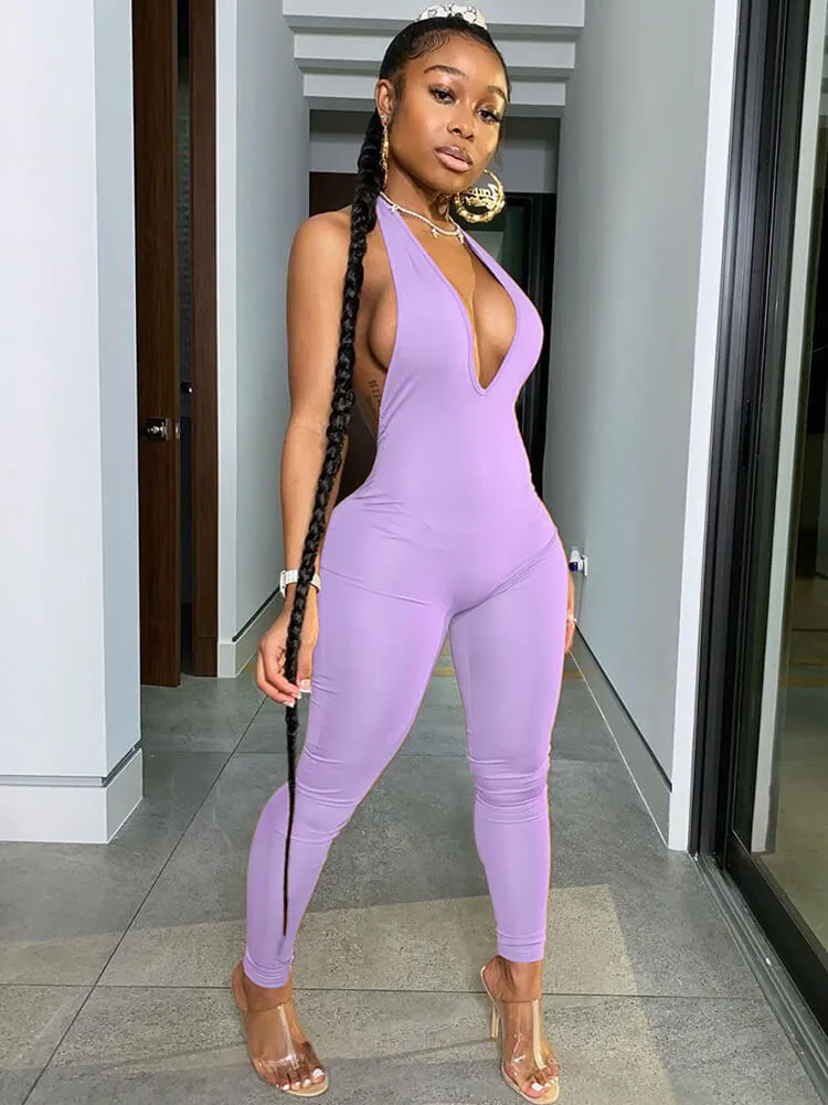 One Piece Solid Color Halter V Neck Backless Jumpsuits