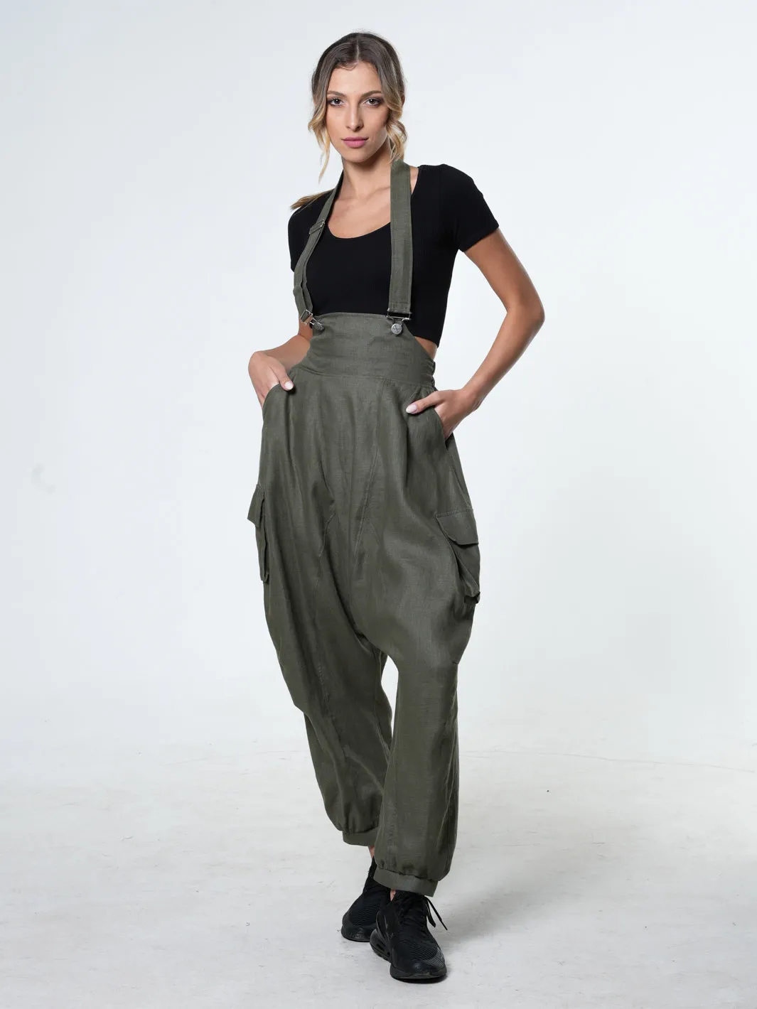 Oversize Linen Jumpsuit In Khaki