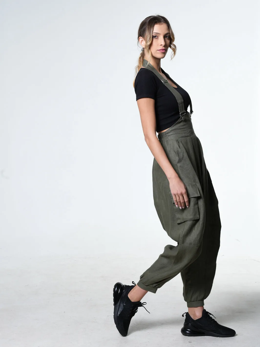 Oversize Linen Jumpsuit In Khaki