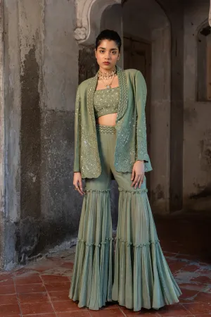 Pista Green Embroidered Blazer & Sharara Set