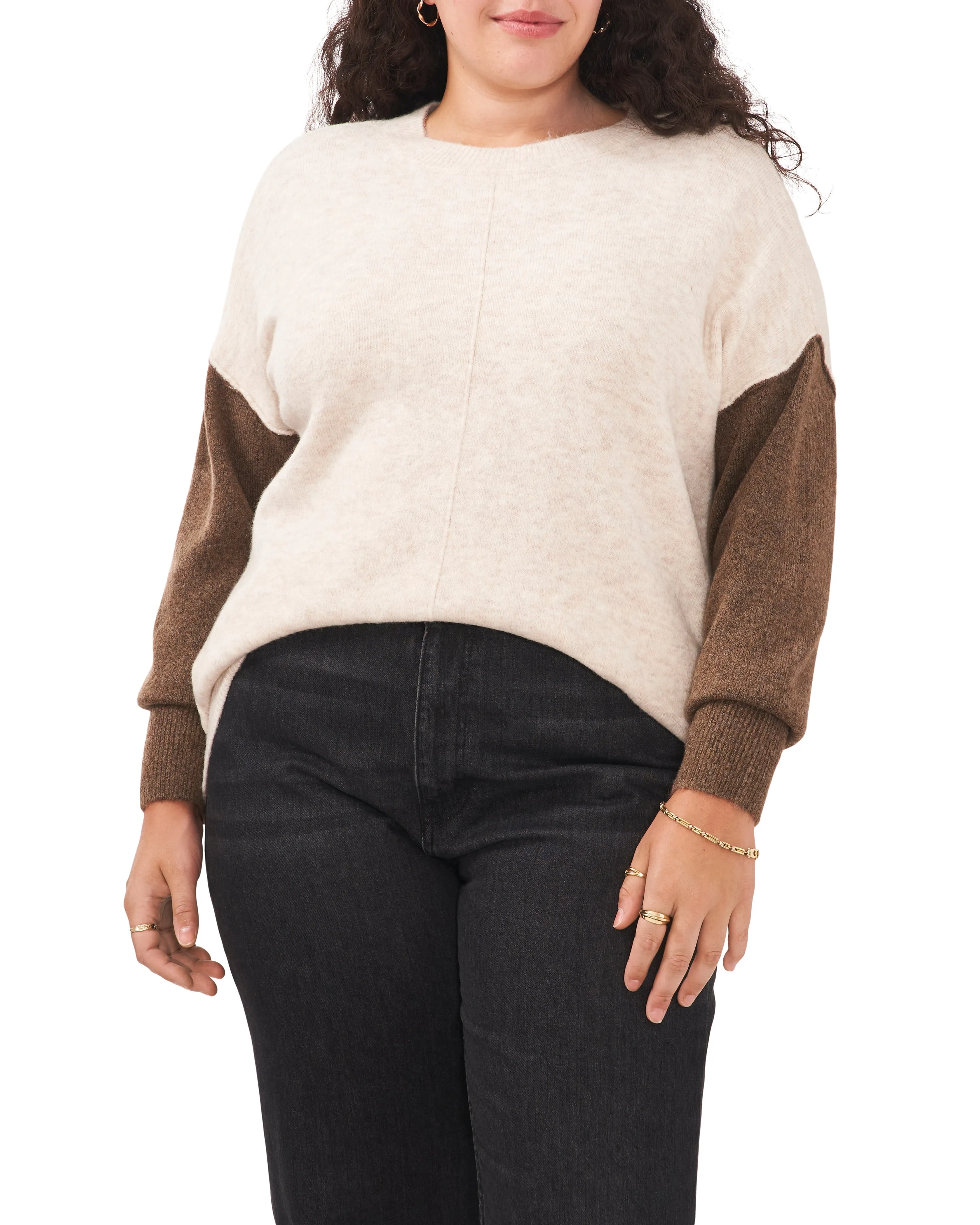 Plus-Size Color Blocked-Sleeve Drop Shoulder Sweater