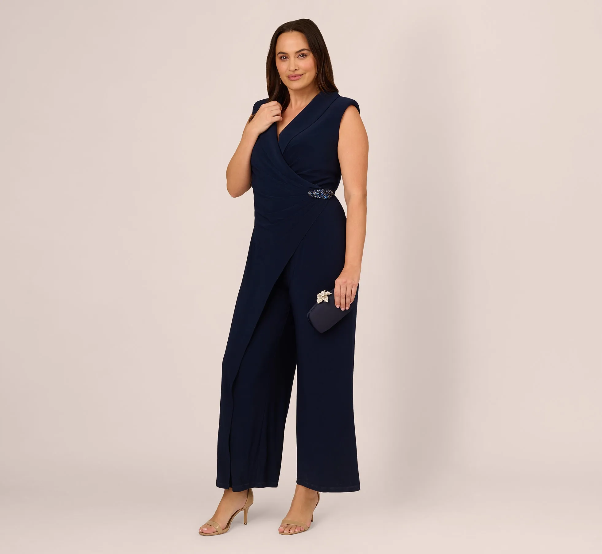 Plus Size Sleeveless Jersey Wide Leg Jumpsuit With Shawl Neckline In Midnight