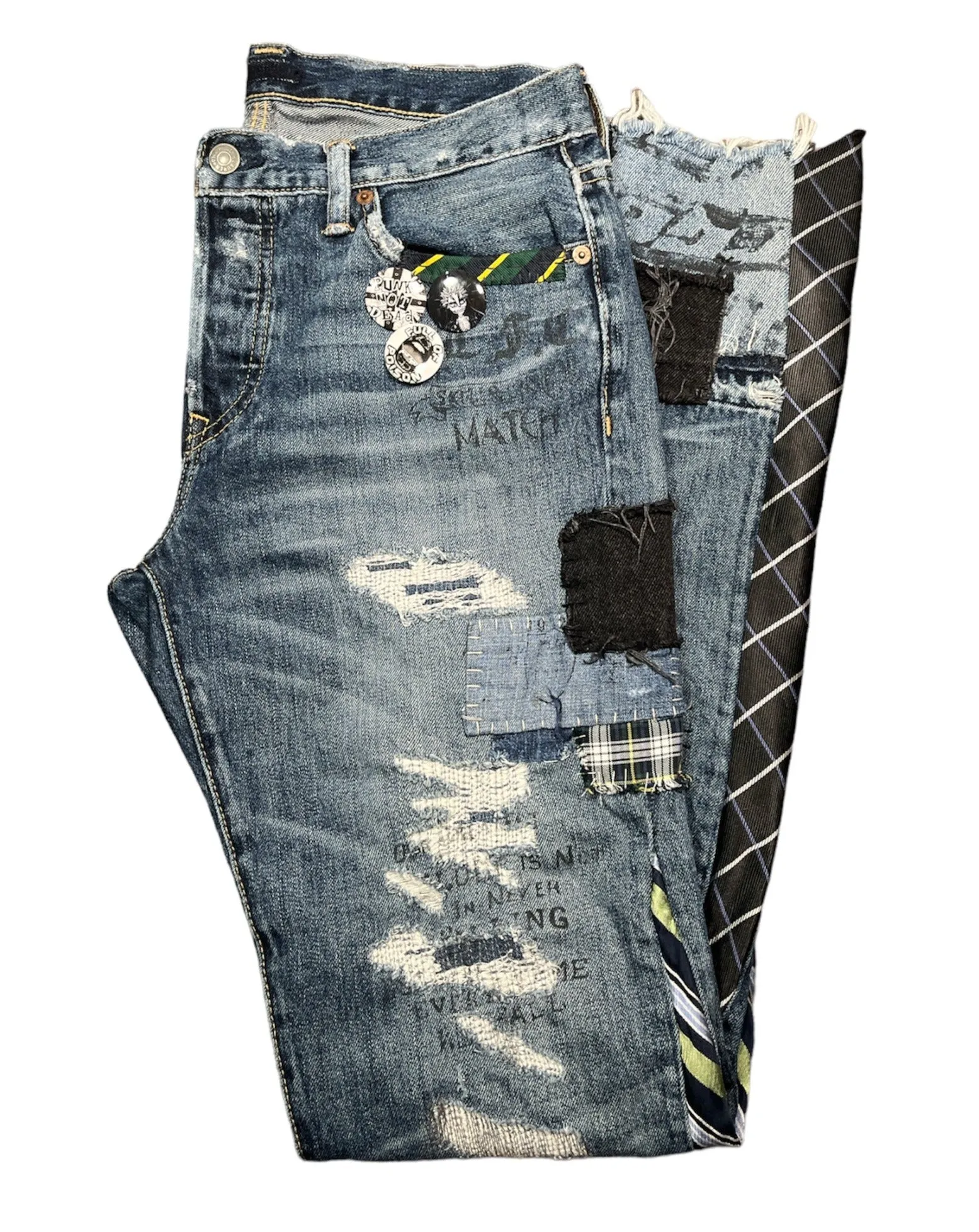 Preppy Punk Tie Patchwork Jeans- L