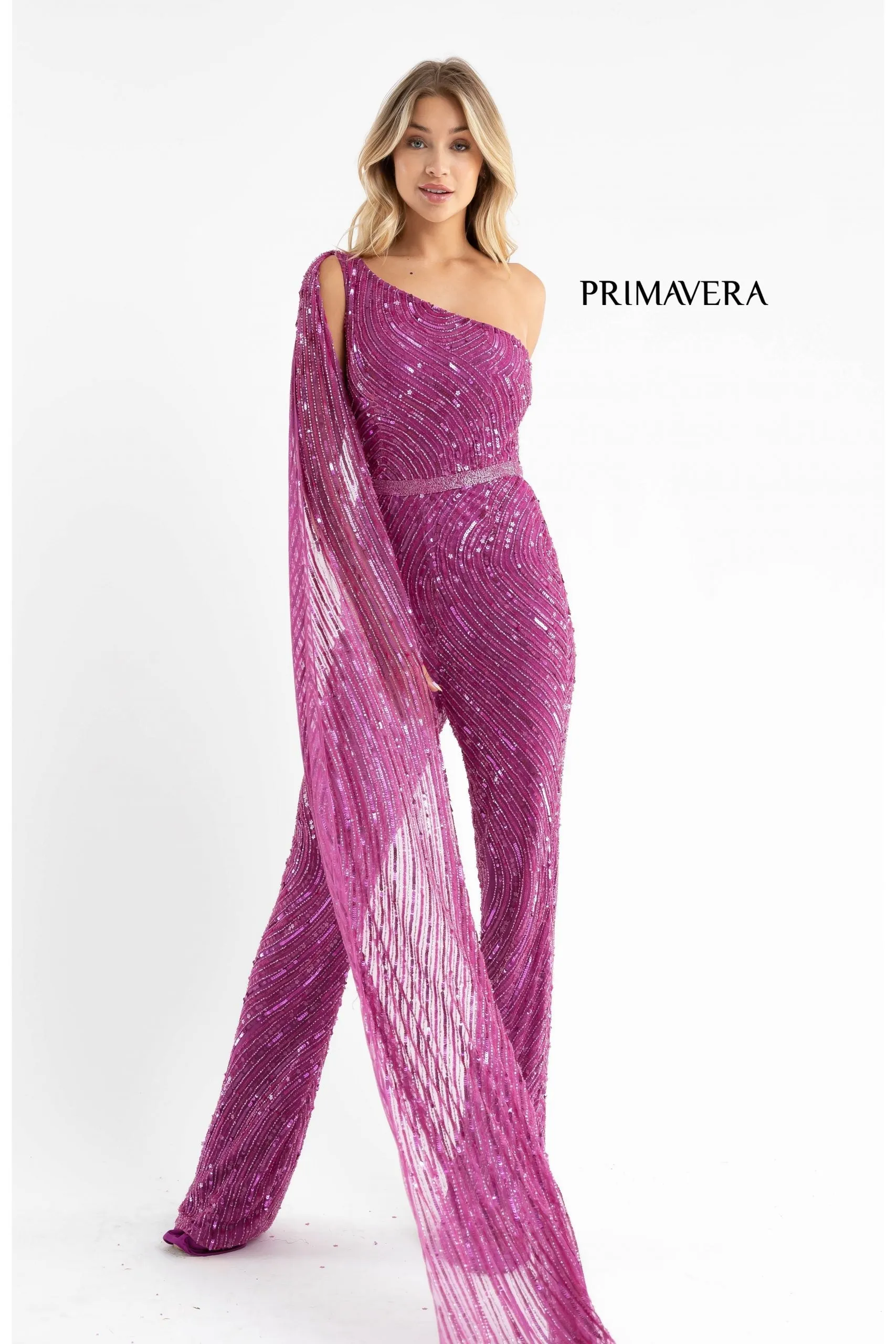 Primavera Couture 3776 Size 00 Fuchsia Swirled Sequin Jumpsuit One Shoulder Floor Length Cape