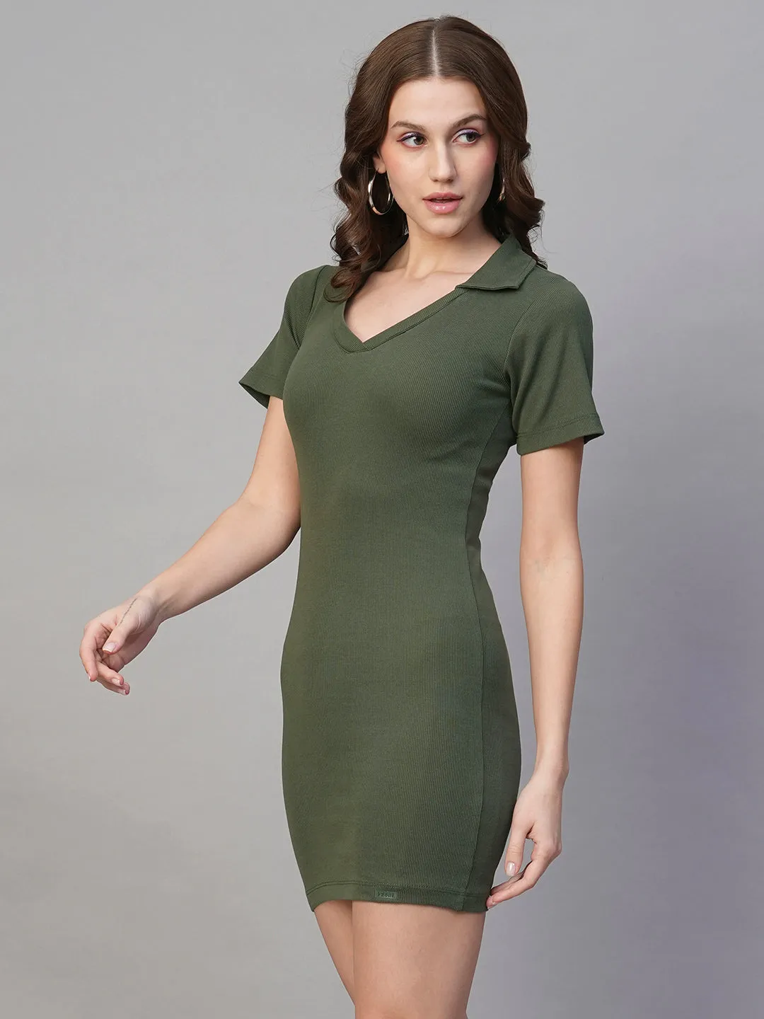 Pronk Ribbed Half Sleeve Collared Bodycon - Olive Green