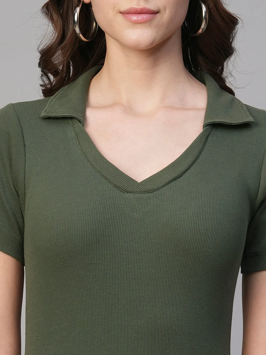 Pronk Ribbed Half Sleeve Collared Bodycon - Olive Green