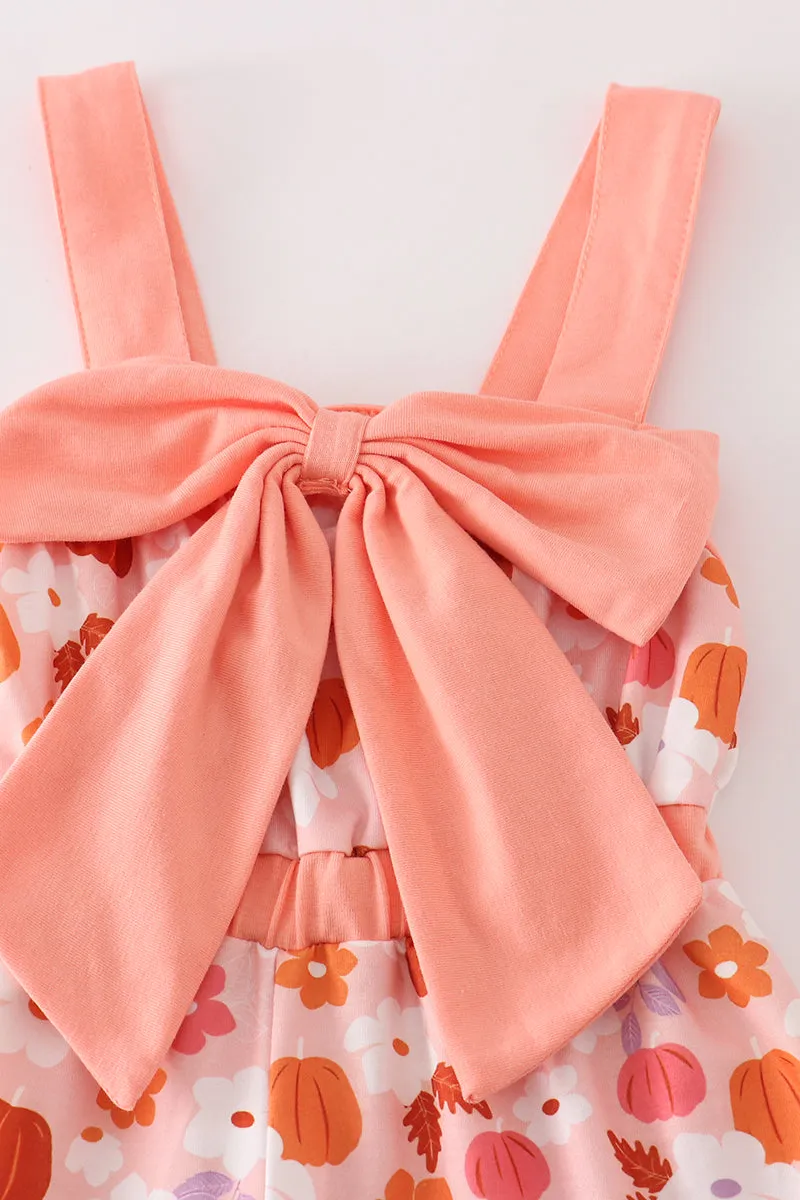 Pumpkin floral print bow girl jumpsuit