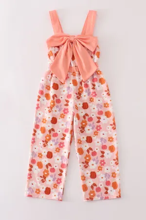 Pumpkin floral print bow girl jumpsuit