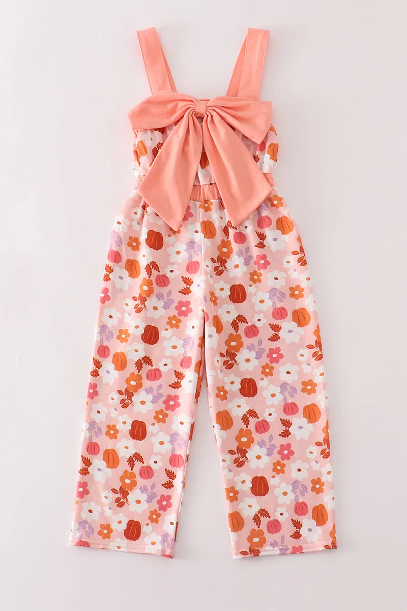 Pumpkin floral print bow girl jumpsuit