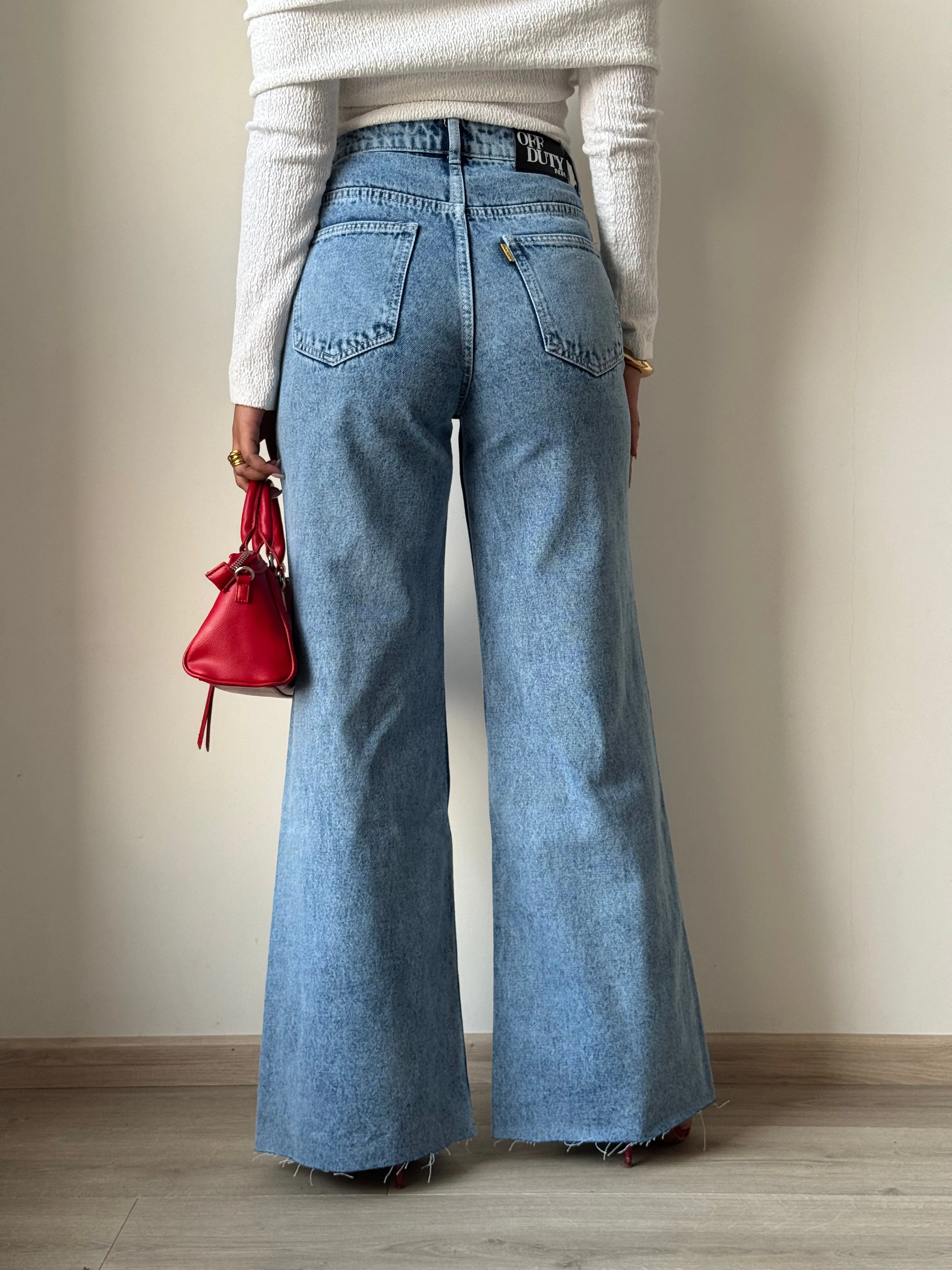 Raw Rip Stone Blue Wide Leg Jeans