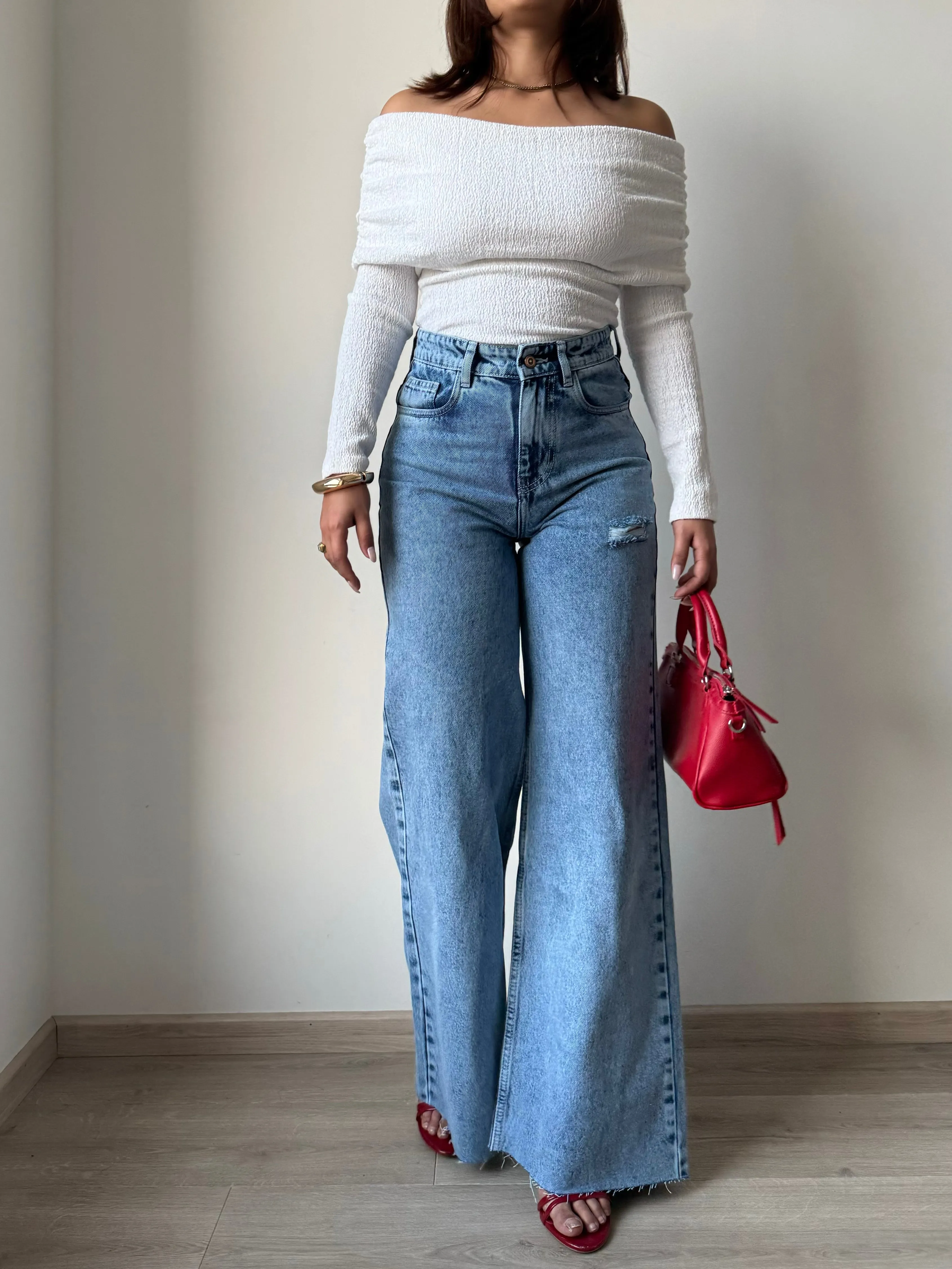 Raw Rip Stone Blue Wide Leg Jeans