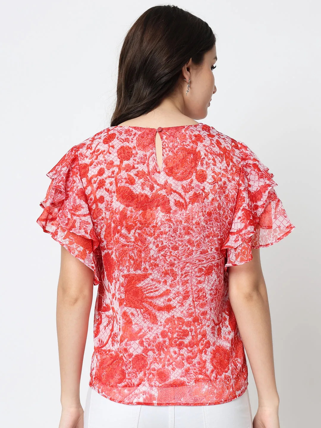 Red Self-Design Georgette Top