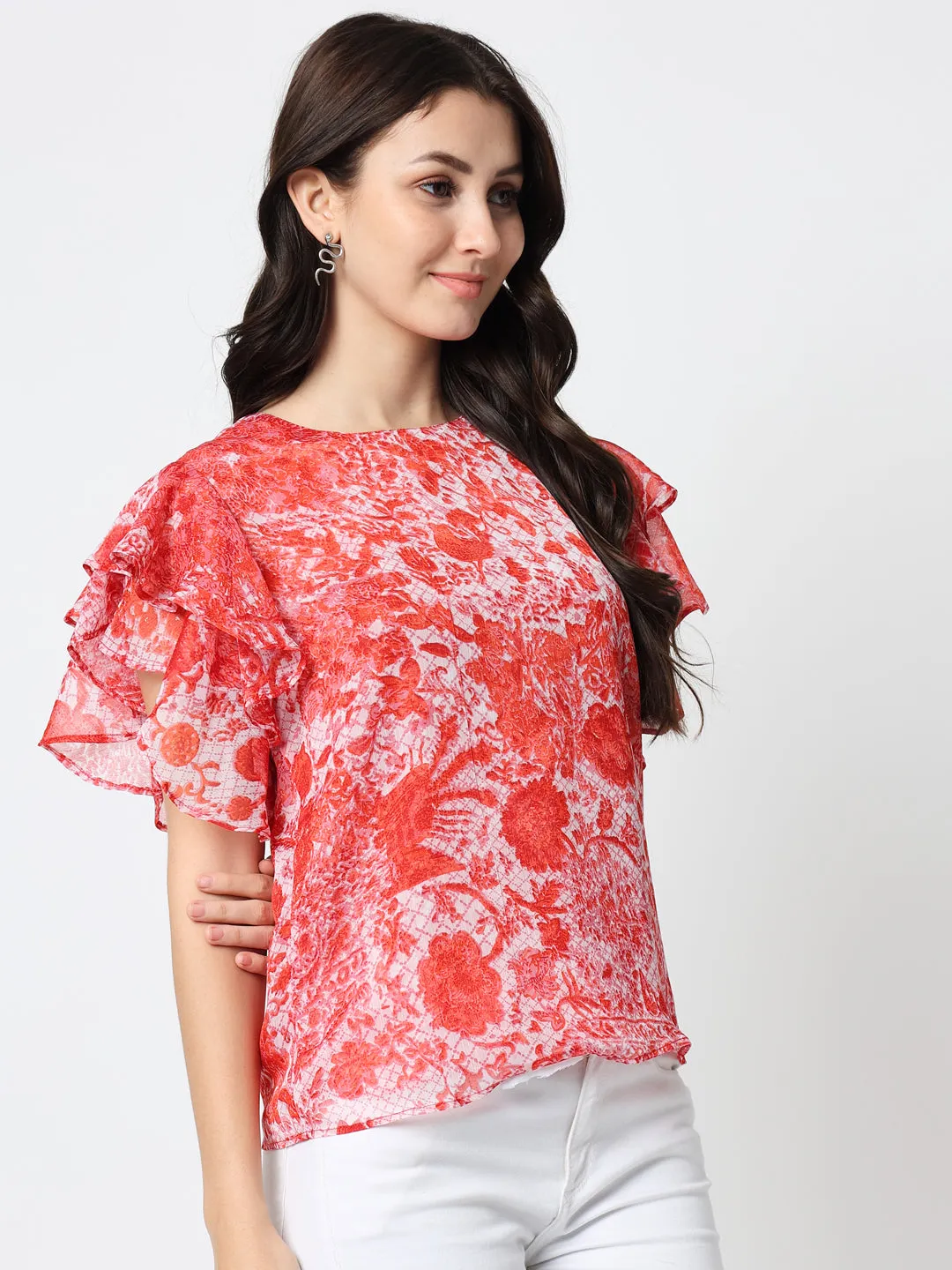 Red Self-Design Georgette Top