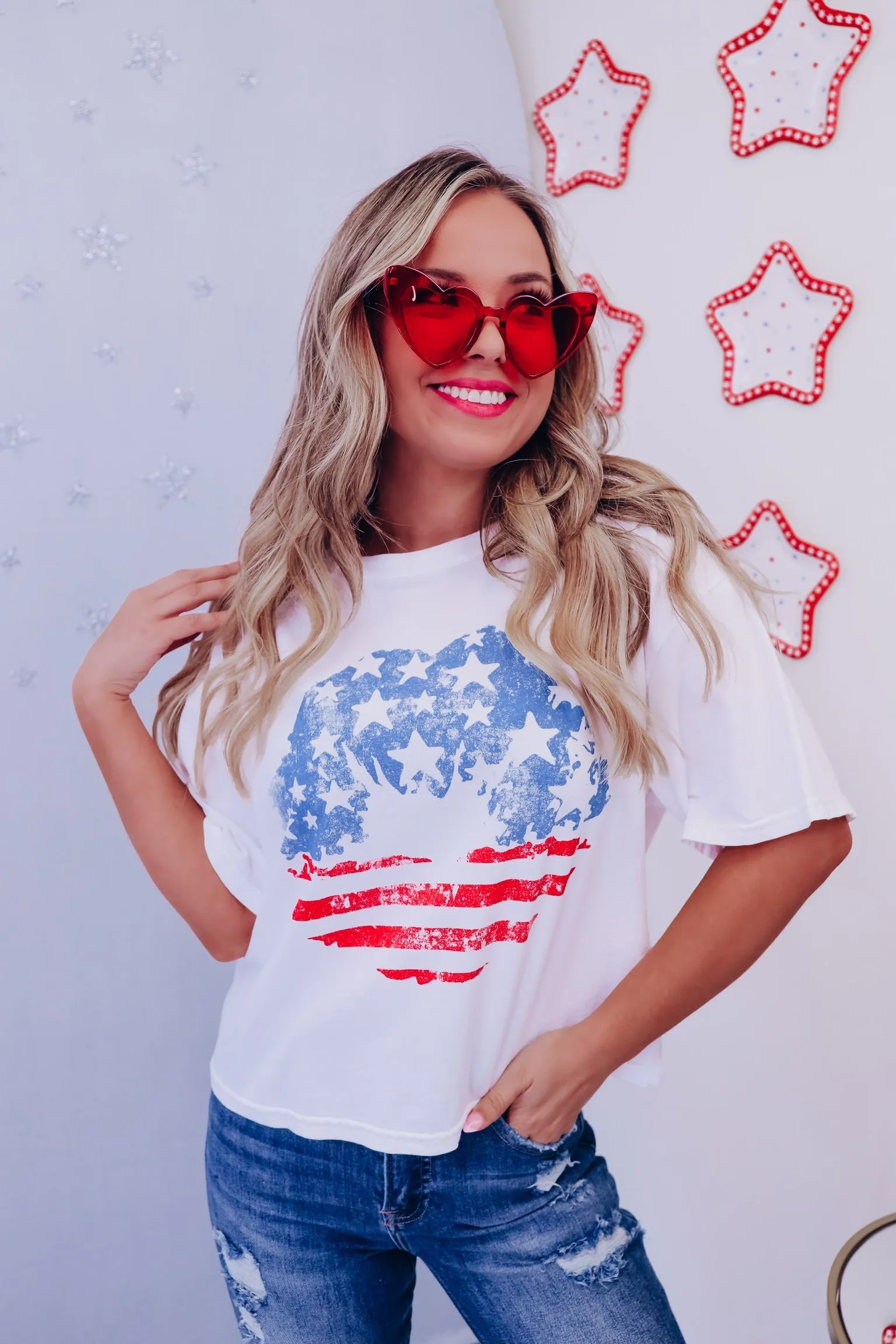 Red, White, & Blue Lip Graphic Tee - White