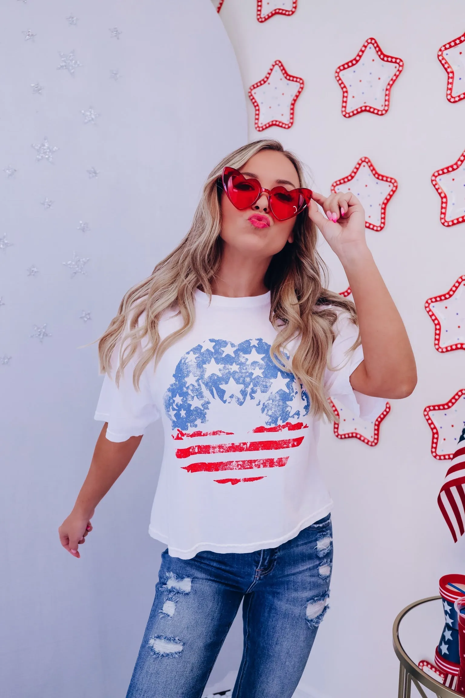 Red, White, & Blue Lip Graphic Tee - White