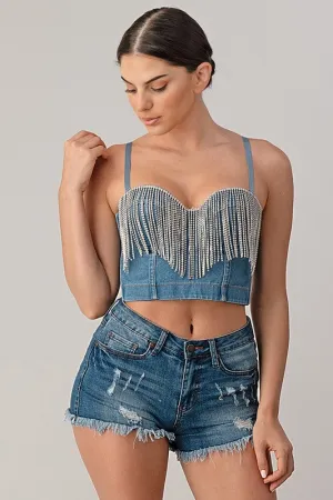 Rhinestone Denim Bustier Top