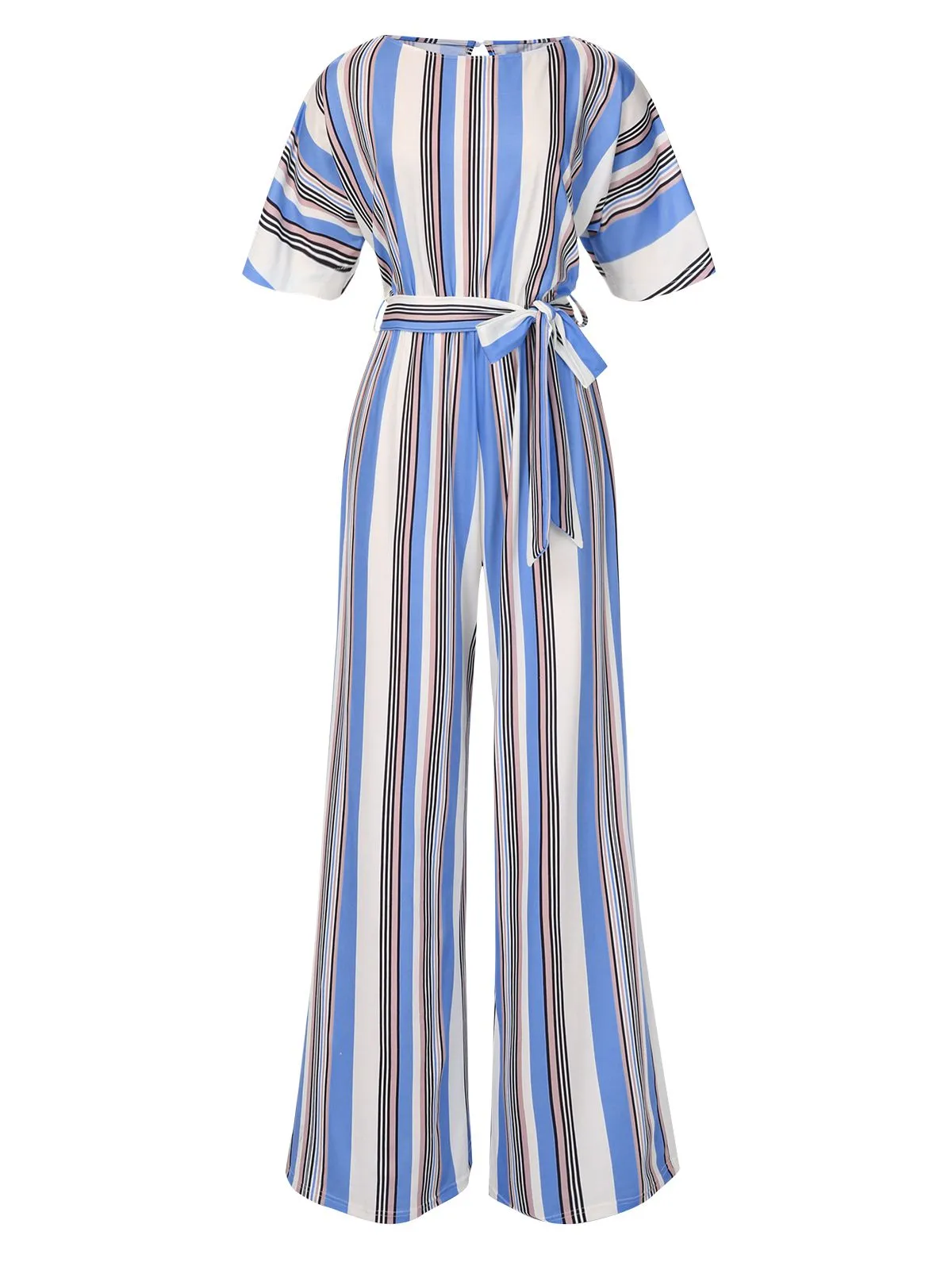 Royal Blue 1970s Stripes Back Hollow Jumpsuit