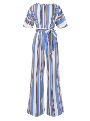 Royal Blue 1970s Stripes Back Hollow Jumpsuit