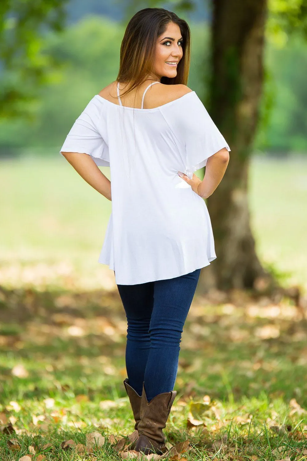 SALE-Off The Shoulder Short Sleeve Piko Top - White