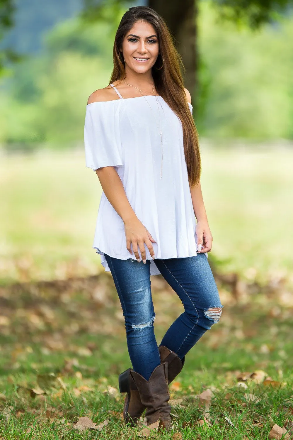 SALE-Off The Shoulder Short Sleeve Piko Top - White