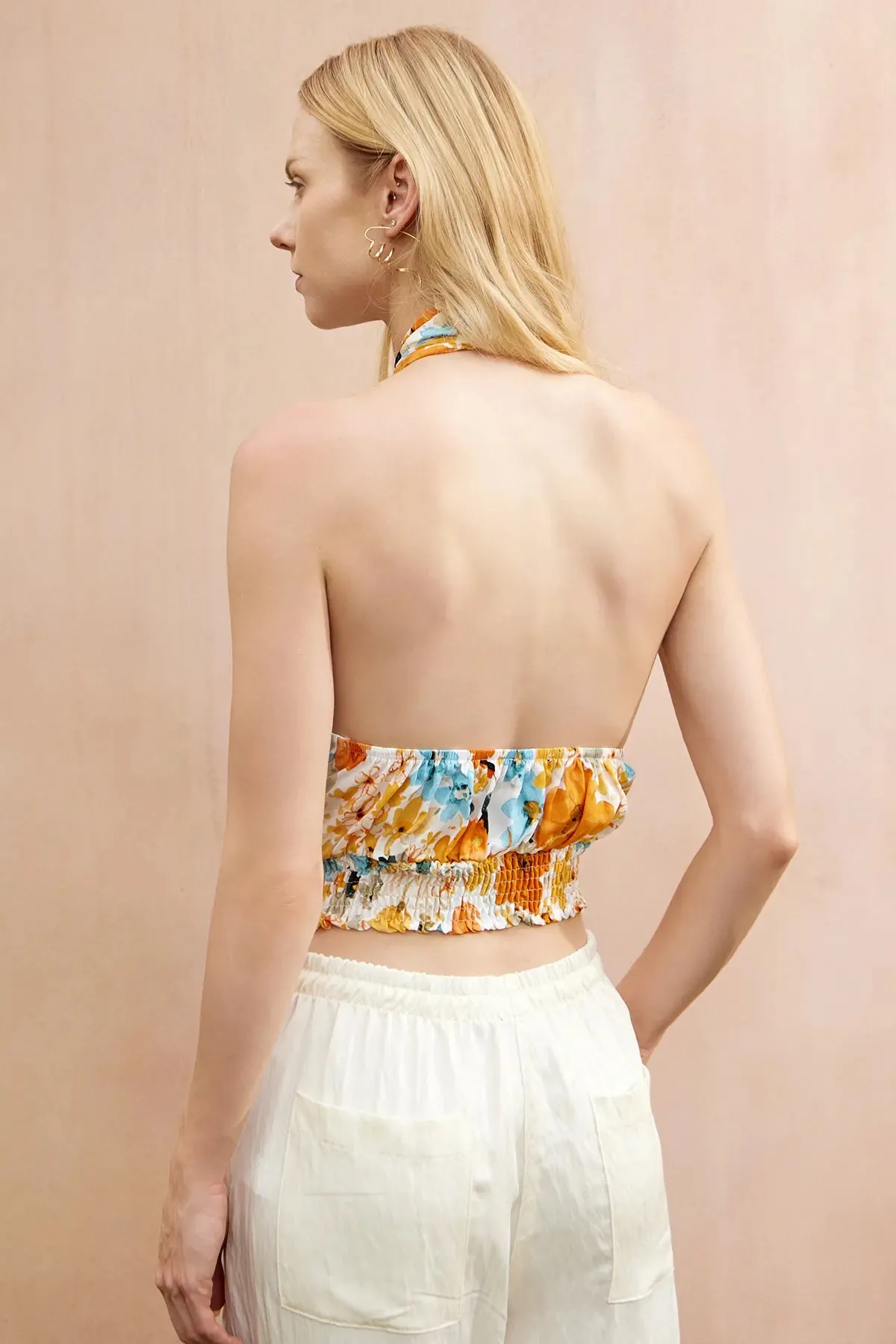 Shirred Backless Halter Crop Top