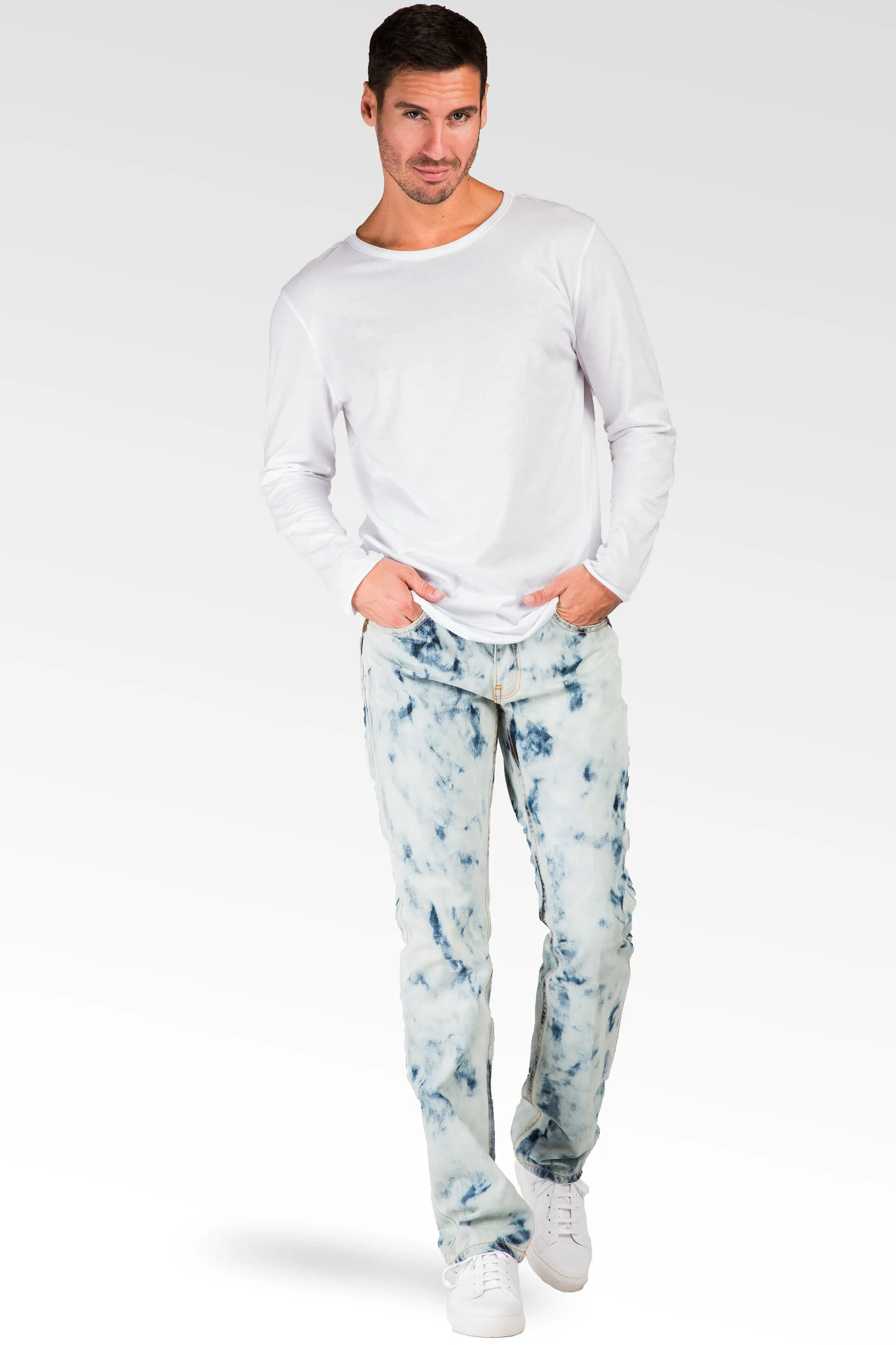 Slim Straight Abstract Bleached Wash Premium Denim Signature 5 Pocket Jeans