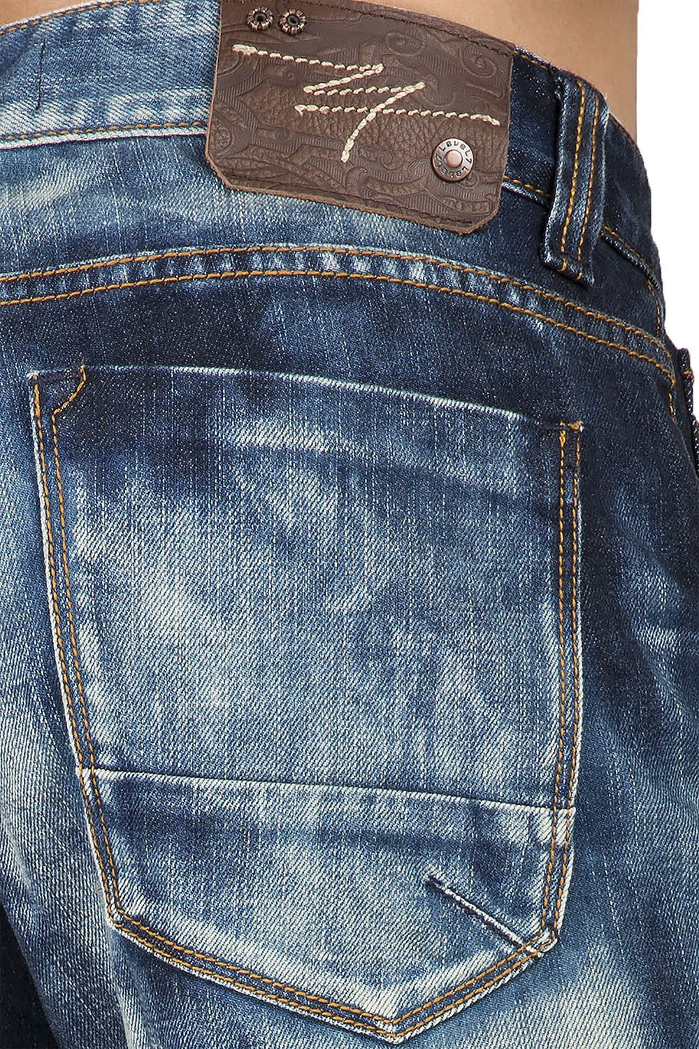 Slim Straight Dark Cloud Blue Premium Denim 5 Pocket Jeans Sanding Whisker Paint Splatter