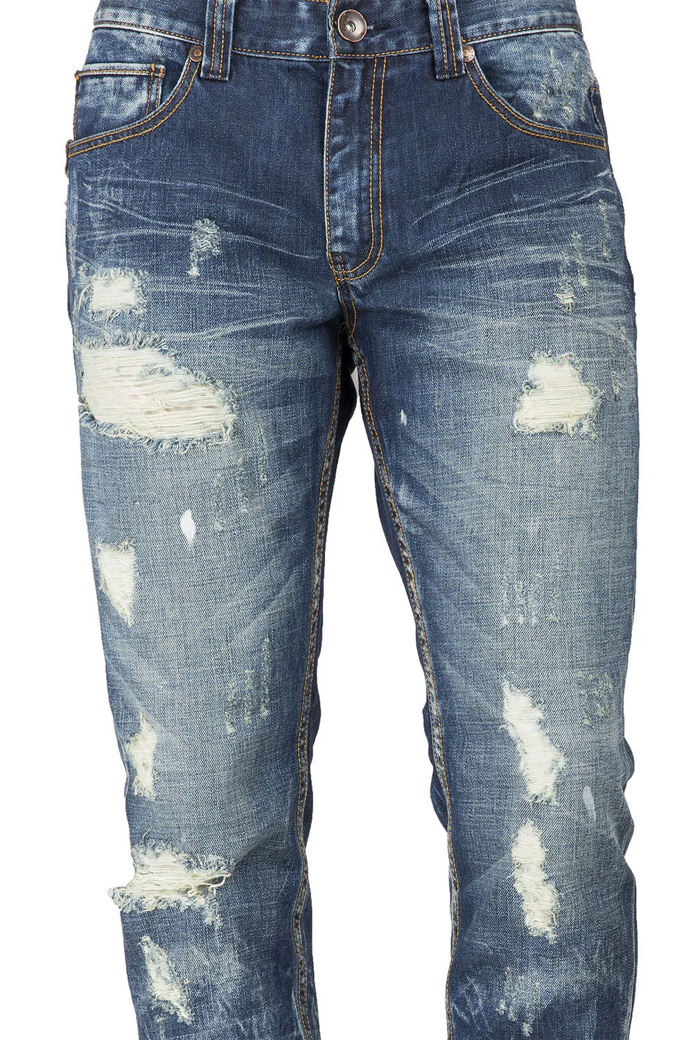 Slim Straight Destroyed Medium Blue Premium Denim Signature 5 Pocket Jeans Bleach Splatter