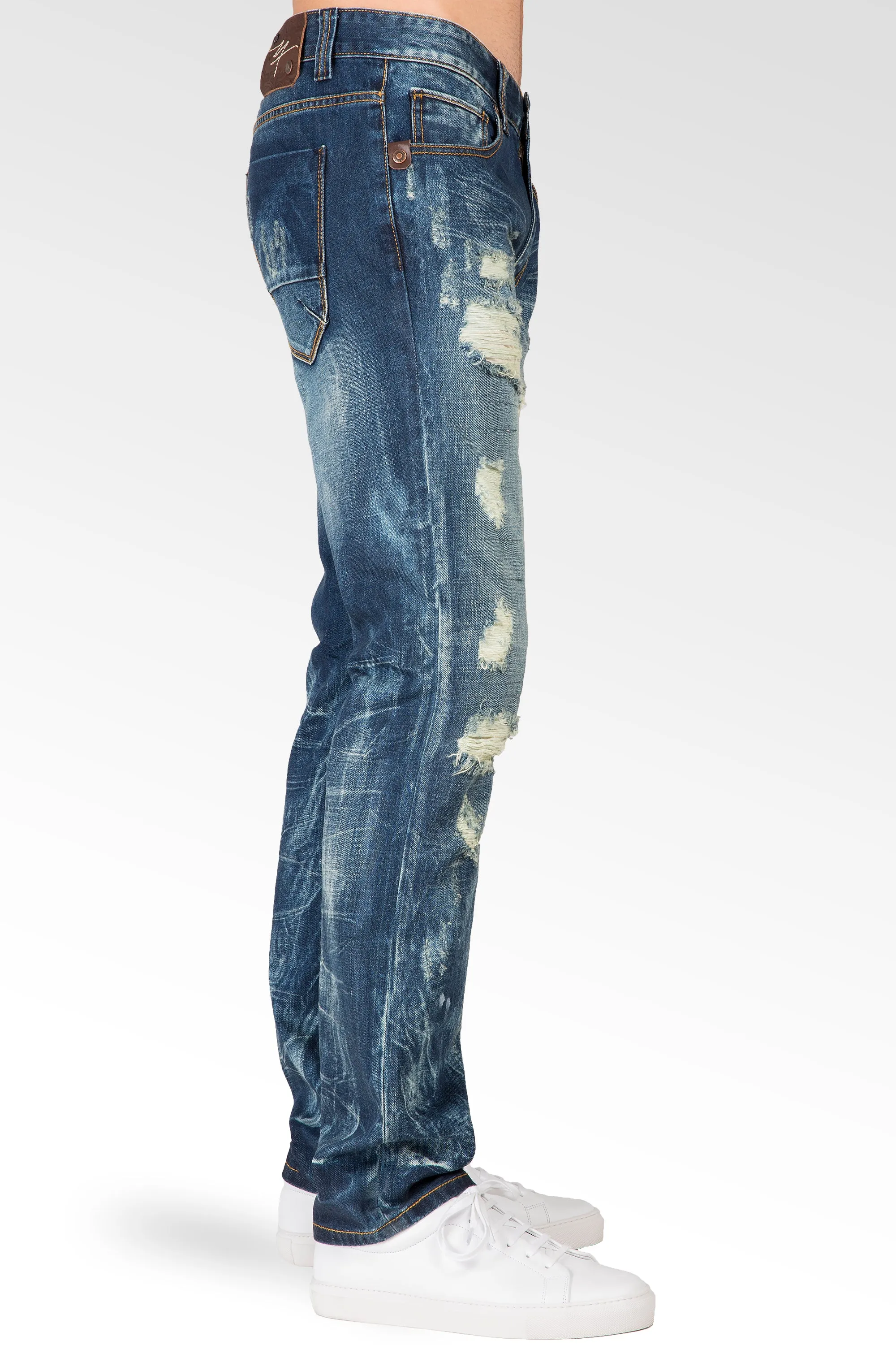 Slim Straight Destroyed Medium Blue Premium Denim Signature 5 Pocket Jeans Bleach Splatter