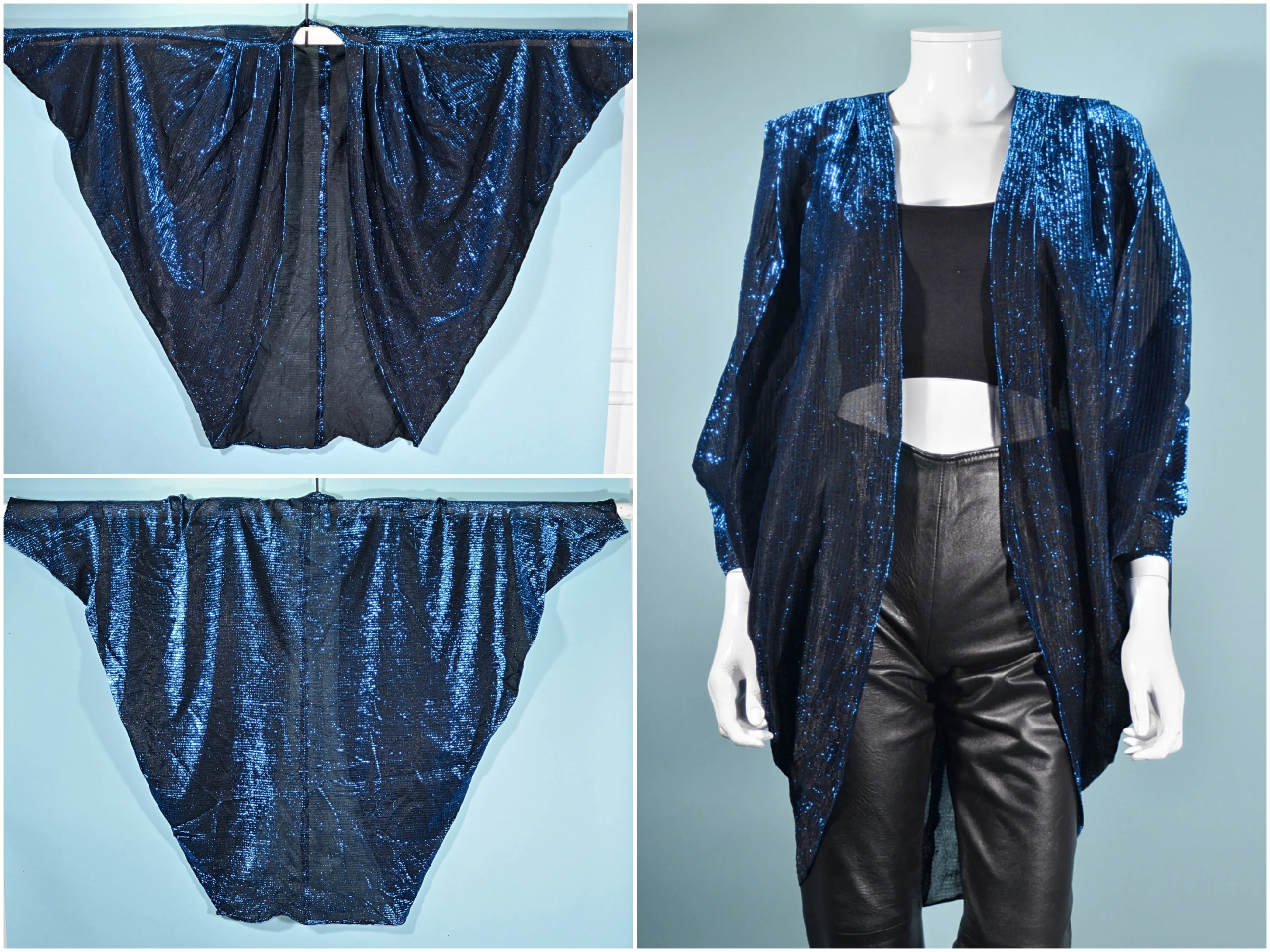 SOLD Vintage Blue/Black Sparkle Batwing Cocoon Top Blouse OS