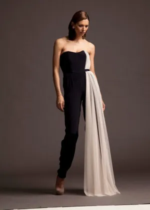 Strapless Corseted Jumpsuit with Tulle Draped