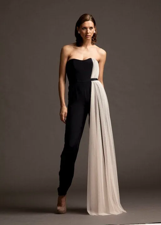 Strapless Corseted Jumpsuit with Tulle Draped