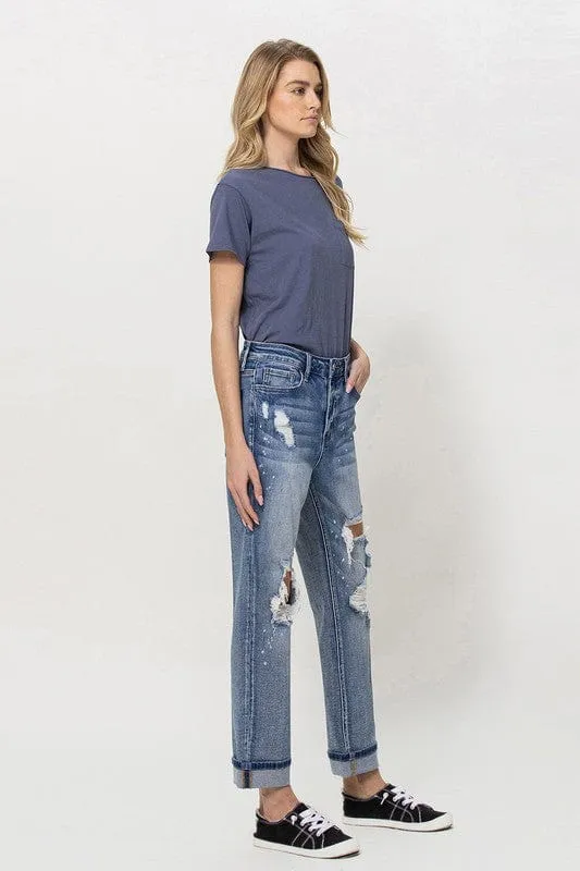 Stretch Mom Jeans w/ Spatter Detail and Cuff *Online Only*