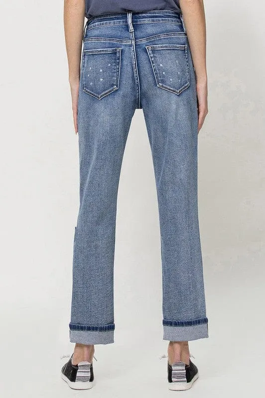 Stretch Mom Jeans w/ Spatter Detail and Cuff *Online Only*