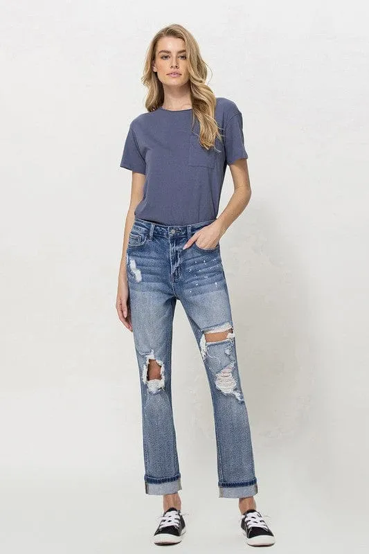 Stretch Mom Jeans w/ Spatter Detail and Cuff *Online Only*