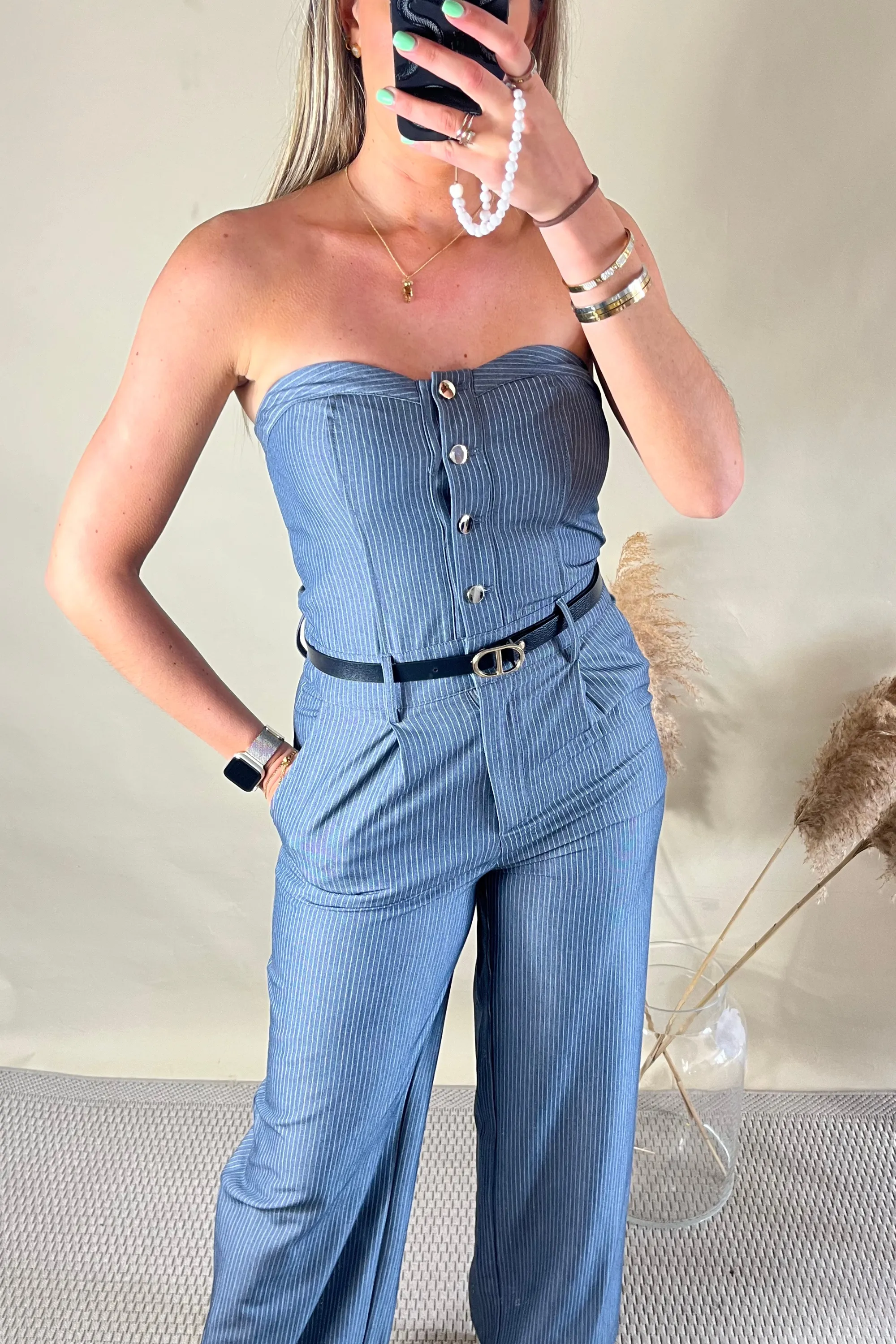 Stripe blue Bardot jumpsuit