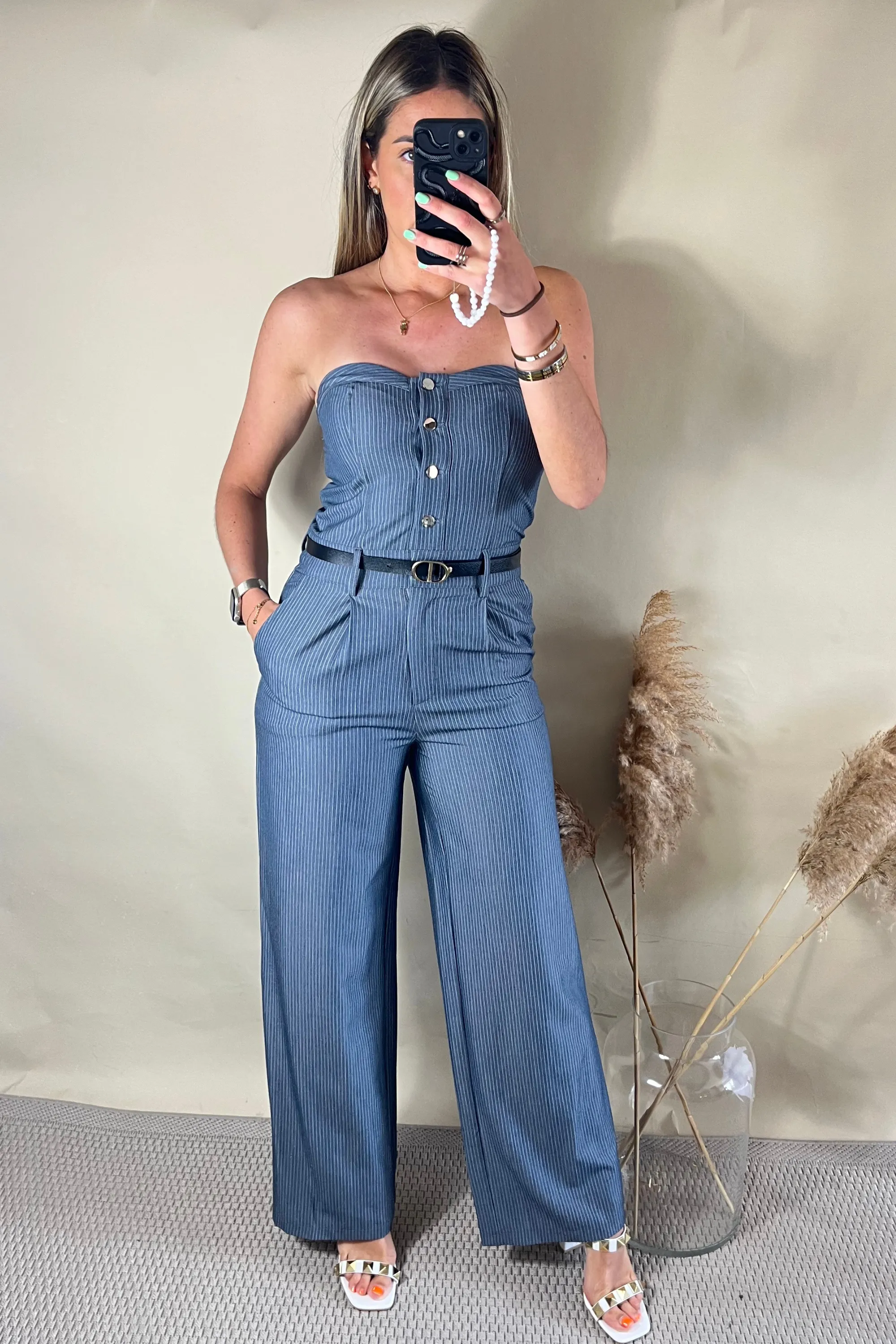 Stripe blue Bardot jumpsuit