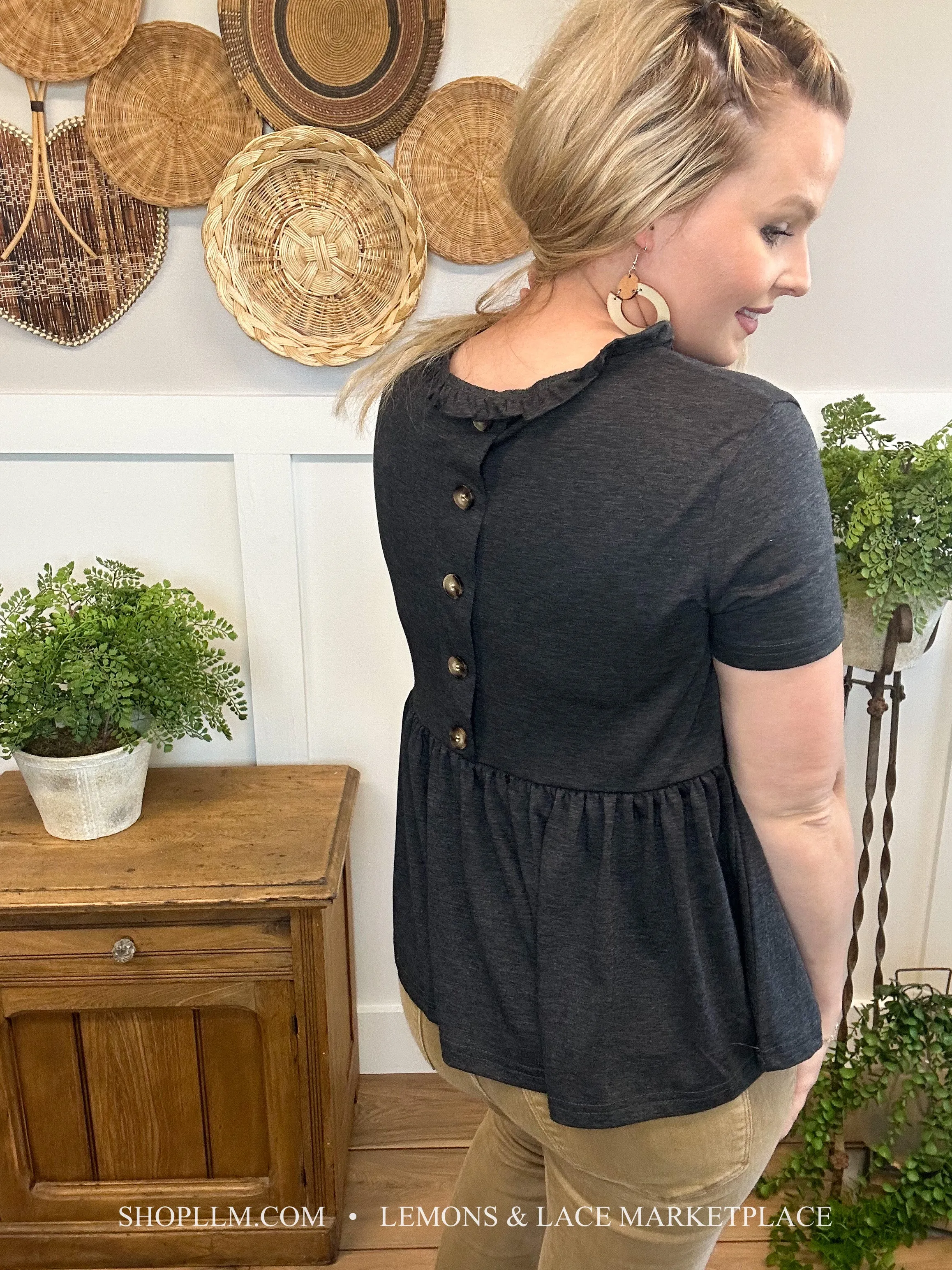 Summer Frills Button Back Black Top