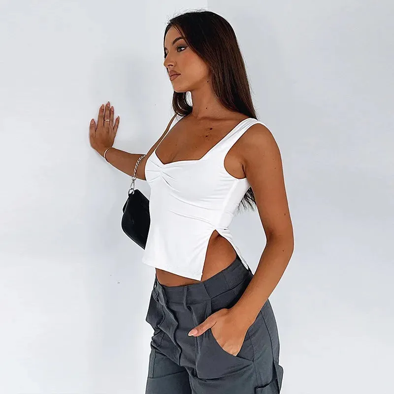 Summer Sexy Tank Tops Women Crop Top White Sleeveless Split Slim Streetwear Casual V-Neck Solid Basic Backless Camisole Female