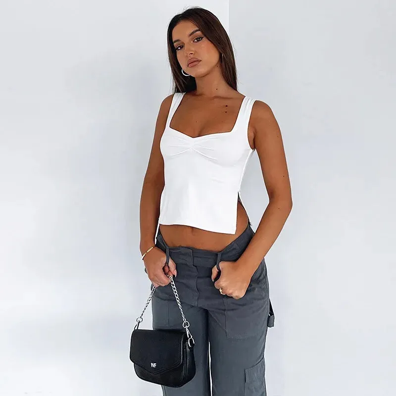 Summer Sexy Tank Tops Women Crop Top White Sleeveless Split Slim Streetwear Casual V-Neck Solid Basic Backless Camisole Female