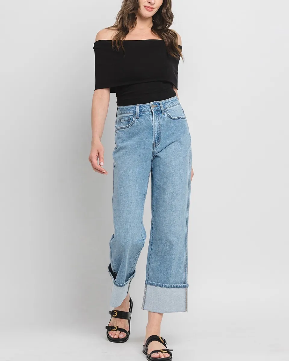 SUPER HIGH RISE CUFFED BAGGY STRAIGHT JEANS