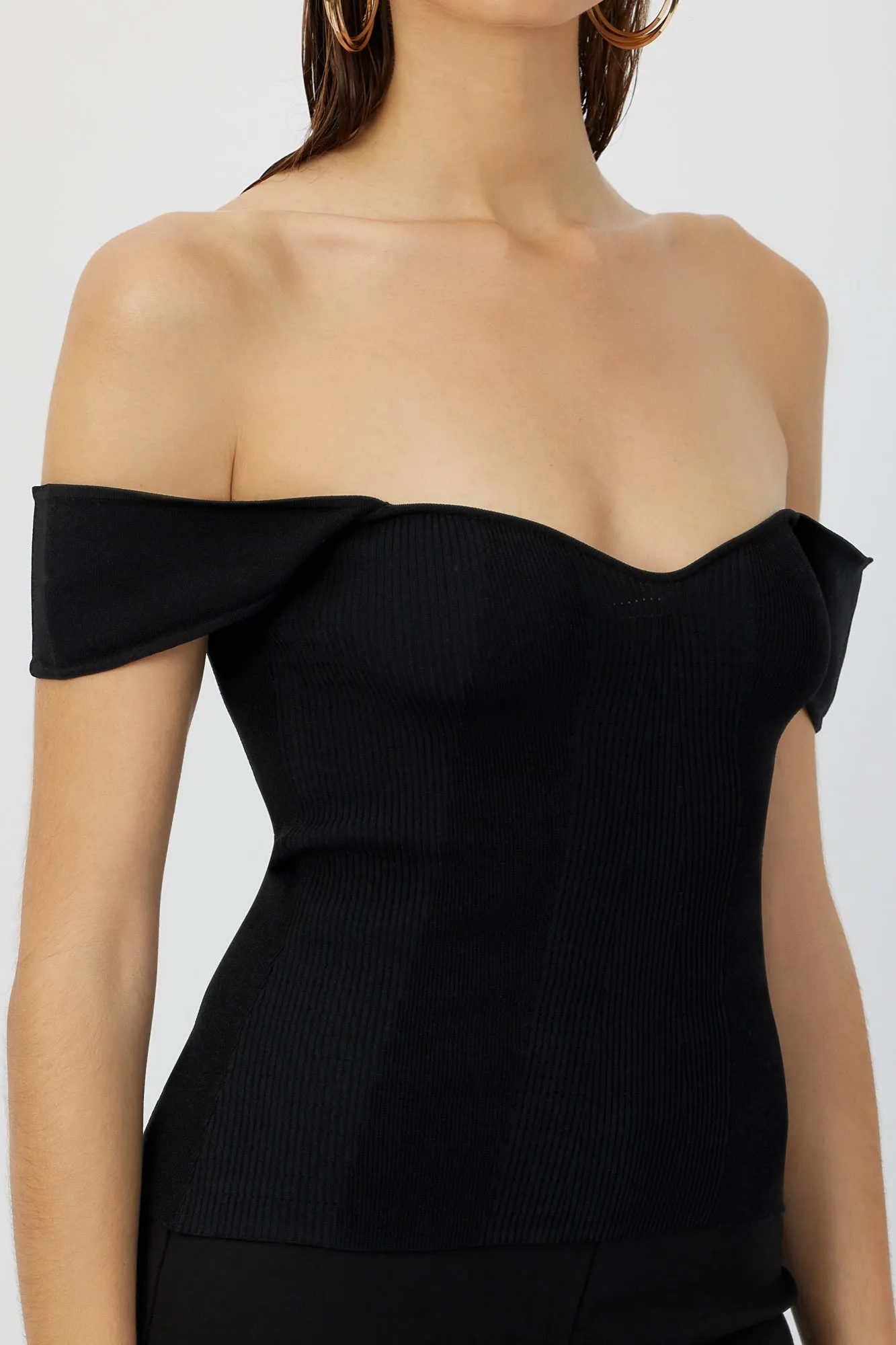 The Gladys - Black Ribbed Knit Sweetheart Tank Pointelle Detail