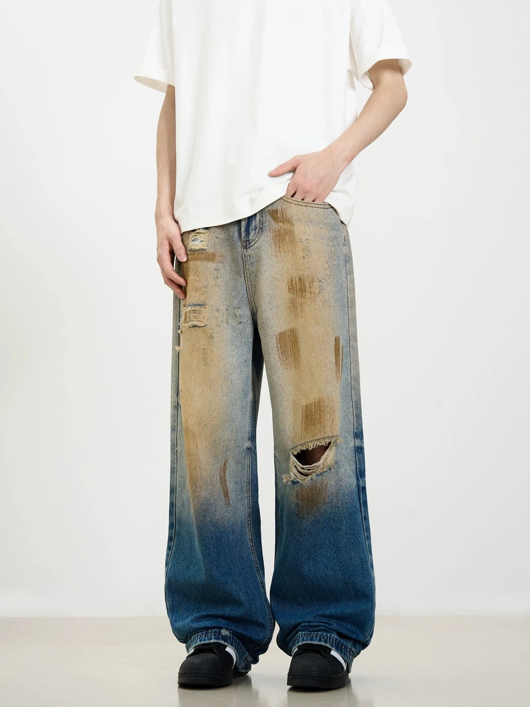 Thesupermade Retro Ripped Washed Patina Street Hip-Hop Jeans