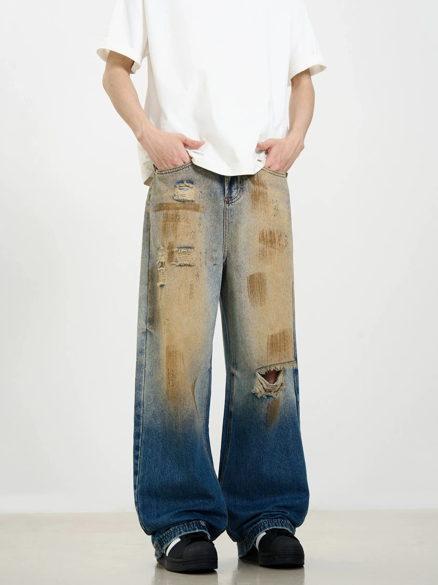 Thesupermade Retro Ripped Washed Patina Street Hip-Hop Jeans