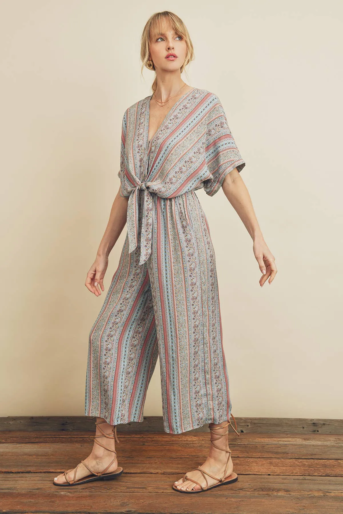 Tie-Waist Jumpsuit in Paisley Stripe Print