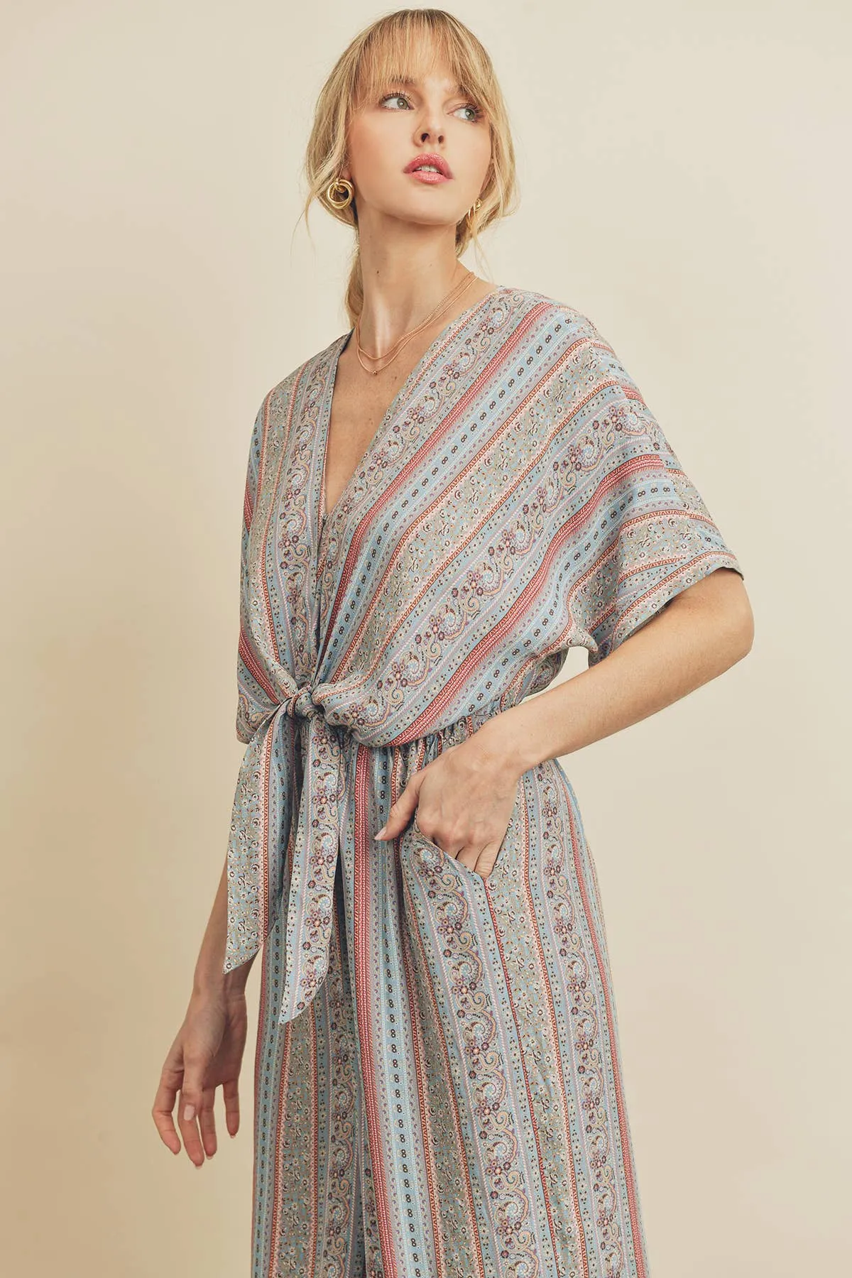 Tie-Waist Jumpsuit in Paisley Stripe Print