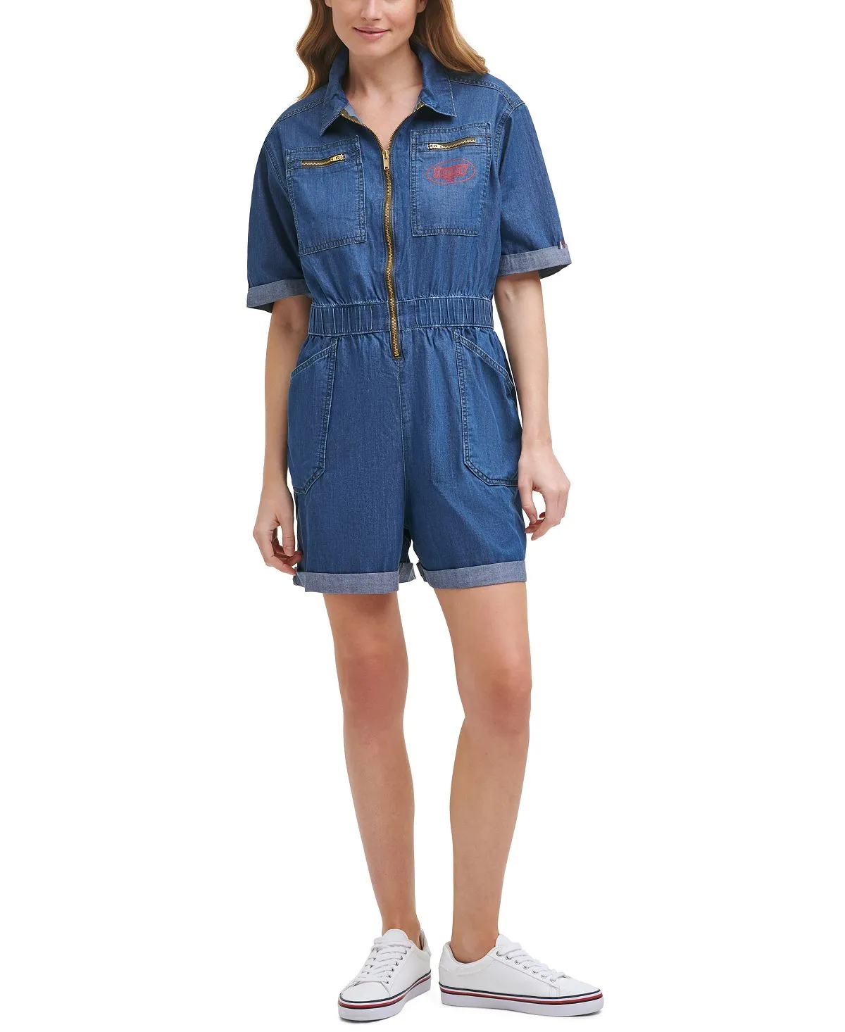 Tommy Jeans Women's Smocked Collared Romper Blue Size M